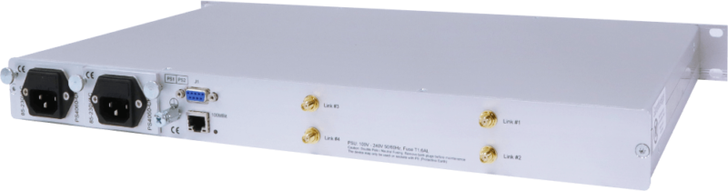 A metal electronic device with power input ports, a small network connector, and five gold-colored antenna connectors labeled Link 81, Link 82, Link 84, and Link 85.