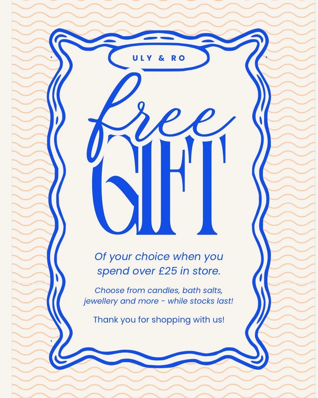 Free Gift with purchases over &pound;25 💙

To thank our lovely customers for shopping with us - we&rsquo;re giving away a free gift of your choice with all purchases over &pound;25. We have a wee range of candles, jewellery, bath salts and more - av