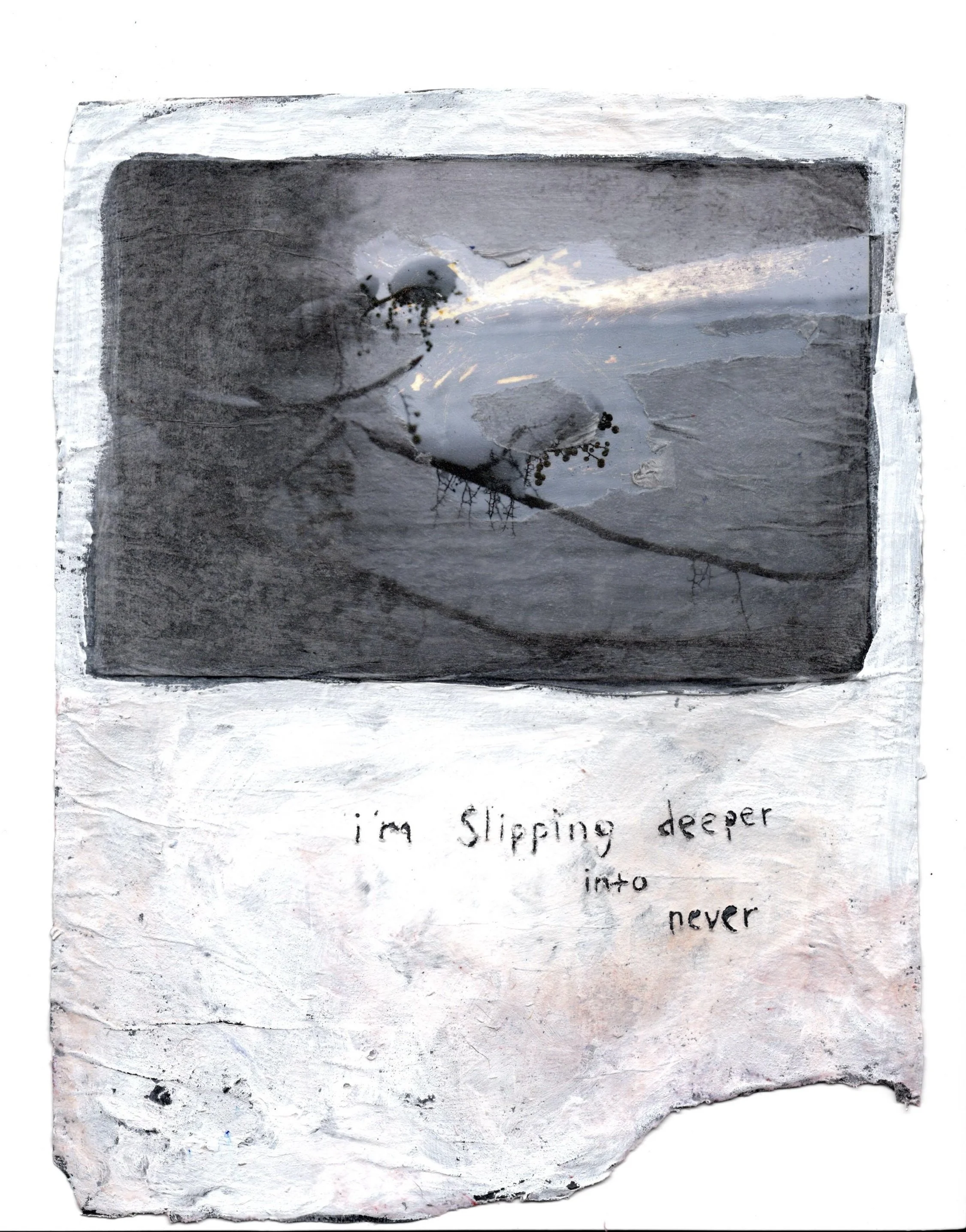 2024. Wax paper, clear gesso, acrylic paint, photo print, pigment, pencil. 6 x 9 inches.