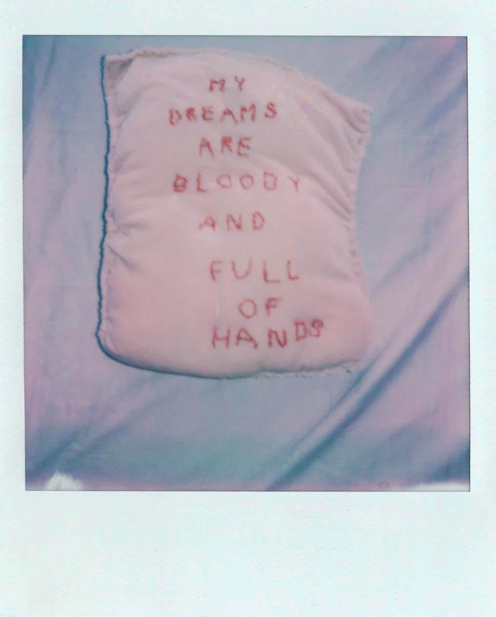 2025. Polaroid of a soft sculpture titled, "My dreams are bloody and full of hands". Dimensions variable, velvet, polyfill and beads.