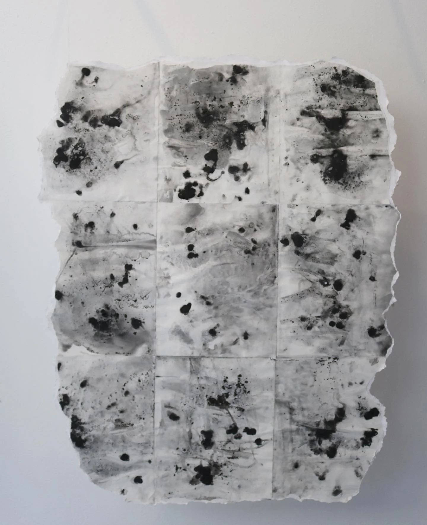 2021. Skin Quilts, 4/4. Paper, glue, charcoal, monofilament line. 36 x 40 inches.
