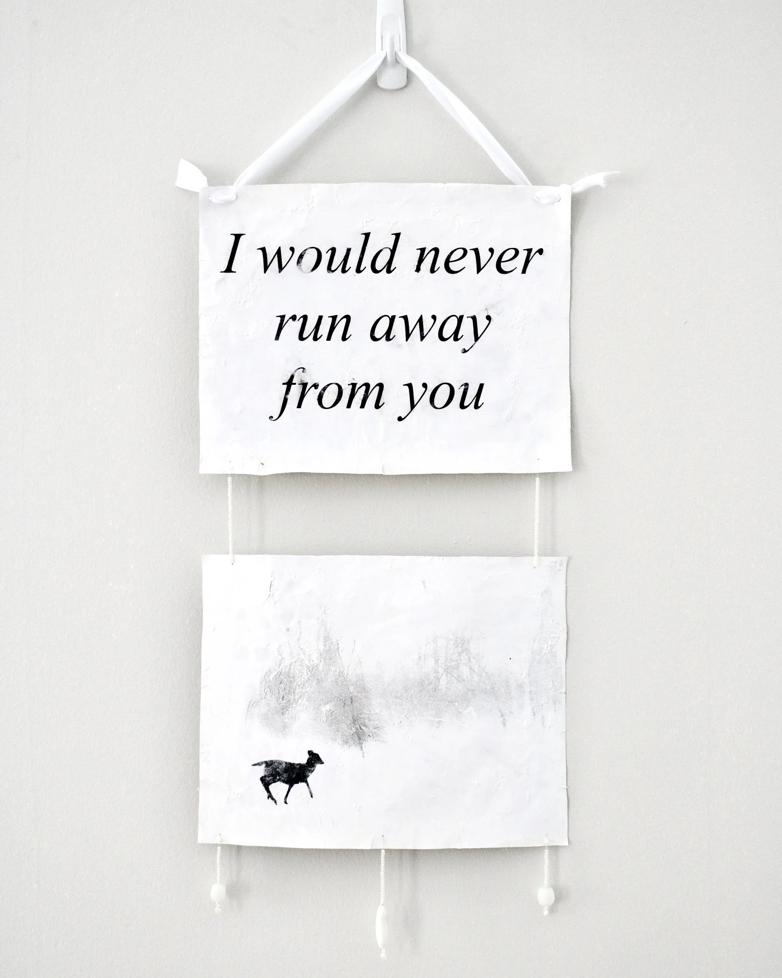 The truth I desire 1: Photo transfers, glass beads, ribbon. 2-3 feet long, 1 foot wide.
