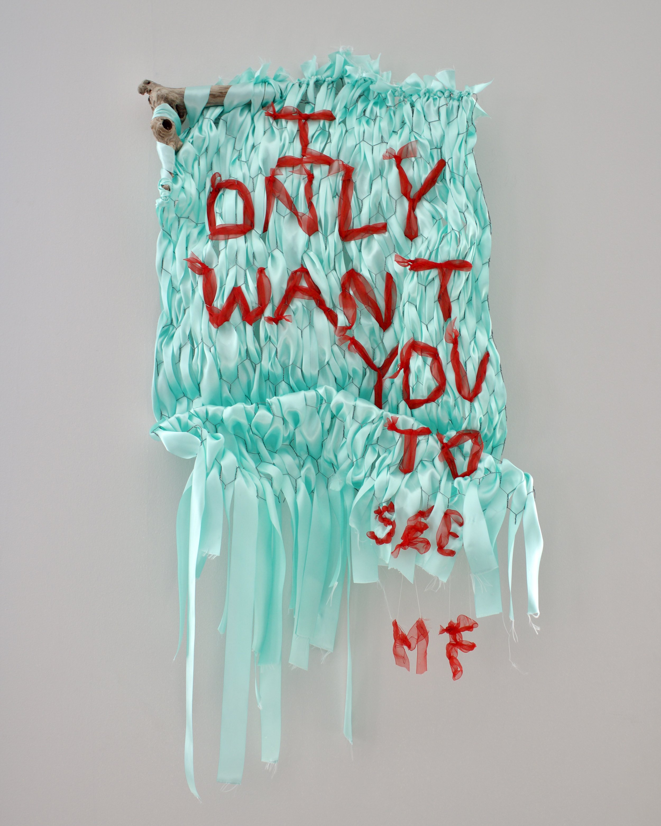 "See you later 2," 2025. Ribbon, chicken wire, thread, driftwood. 36 inches x 22 inches. Private Collection. 