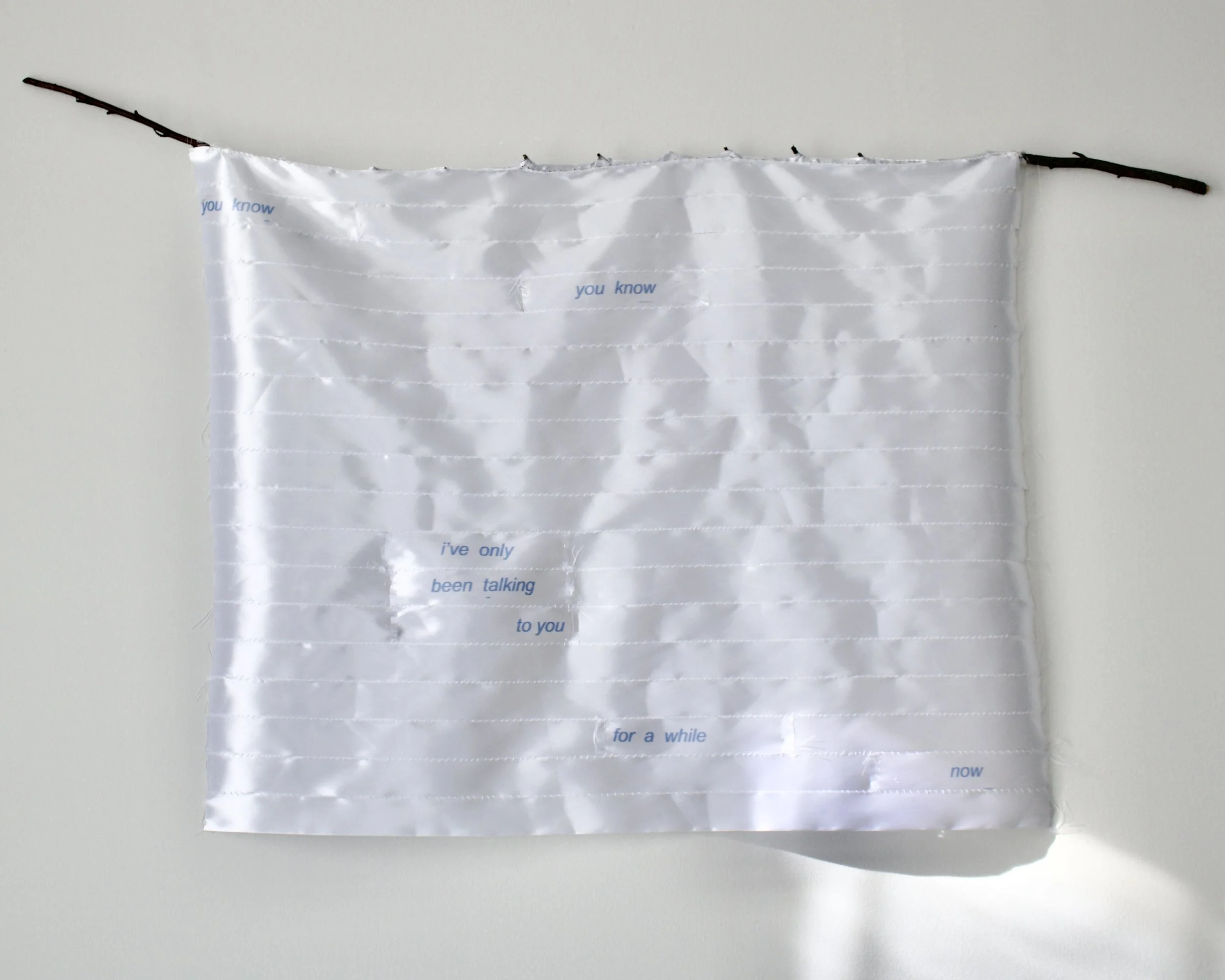 2025. "Confession". Inkjet printed ribbon, thread, branch. Approx. 36 inches wide, 31 inches long. 