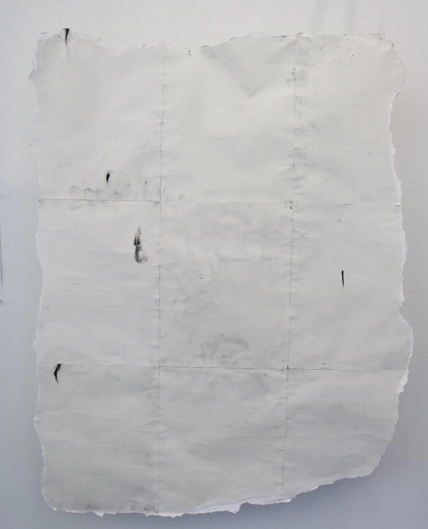 2021. Skin Quilts, 1/4. Paper, glue, charcoal, monofilament line. 36 x 40 inches.
