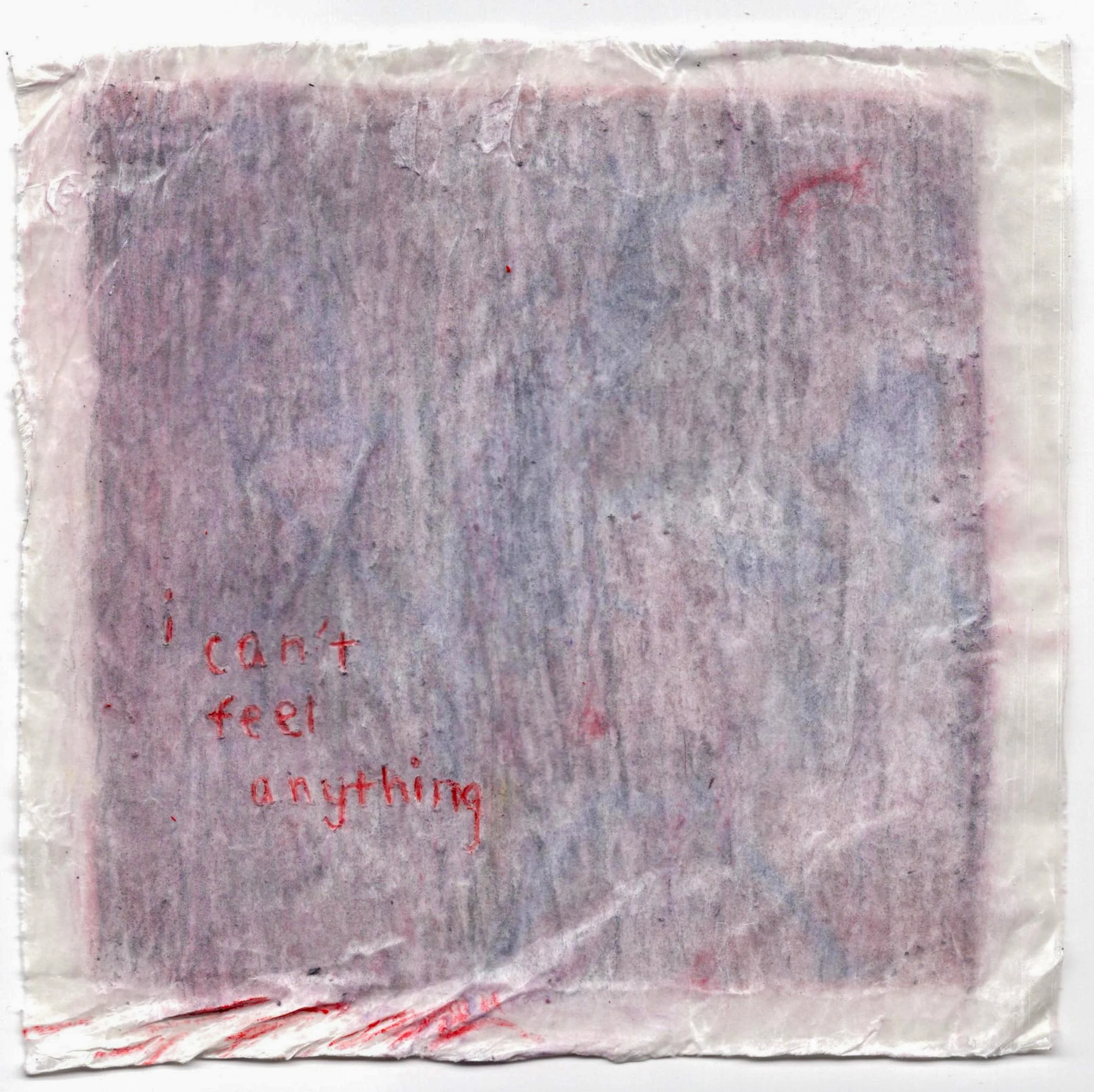 2024. Wax paper, clear gesso, pigment, colored pencil. 6 x 6 inches.