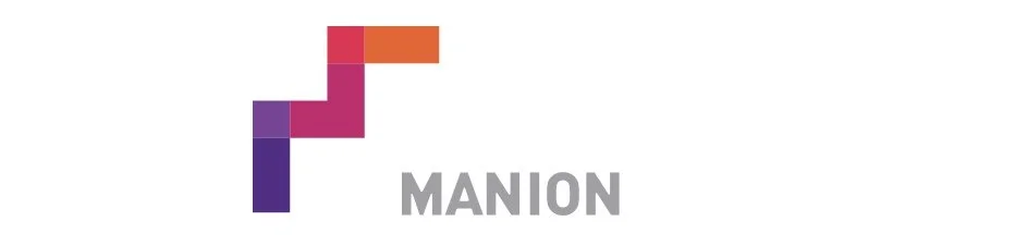Colorful logo with geometric shapes forming an arrow pointing upward, and the word 'MANION' in gray text underneath.