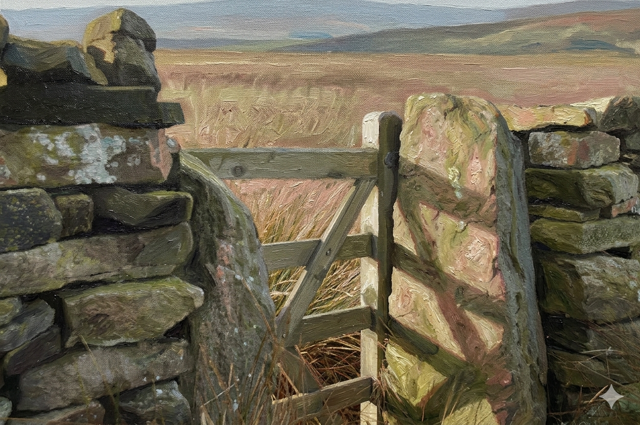 Stone wall with a wooden gate, casting a shadow in a grassy landscape with distant hills and a cloudy sky.