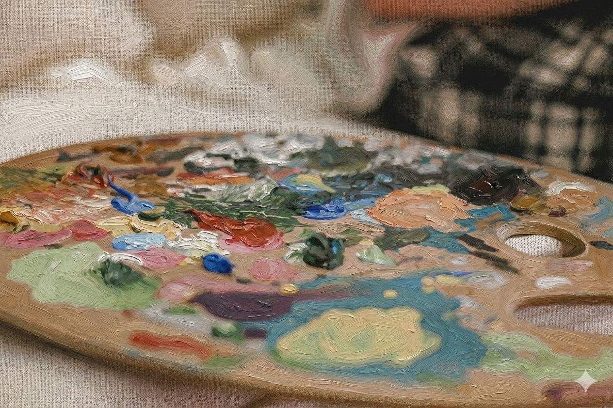 Close-up of a wooden artist's palette with mixed and splattered acrylic or oil paints in various colors.