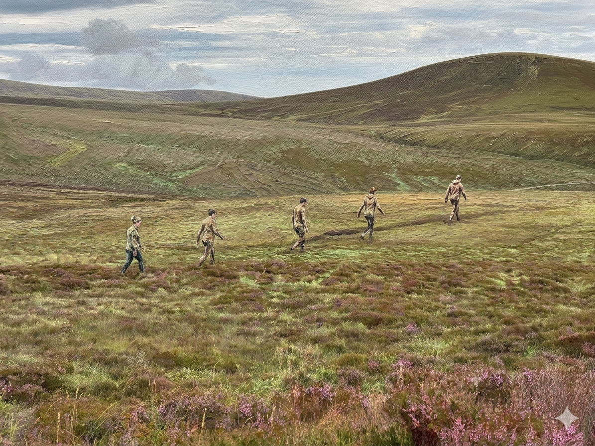 A group of five hikers walking across a vast, open moorland landscape with rolling hills and a cloudy sky in the background.