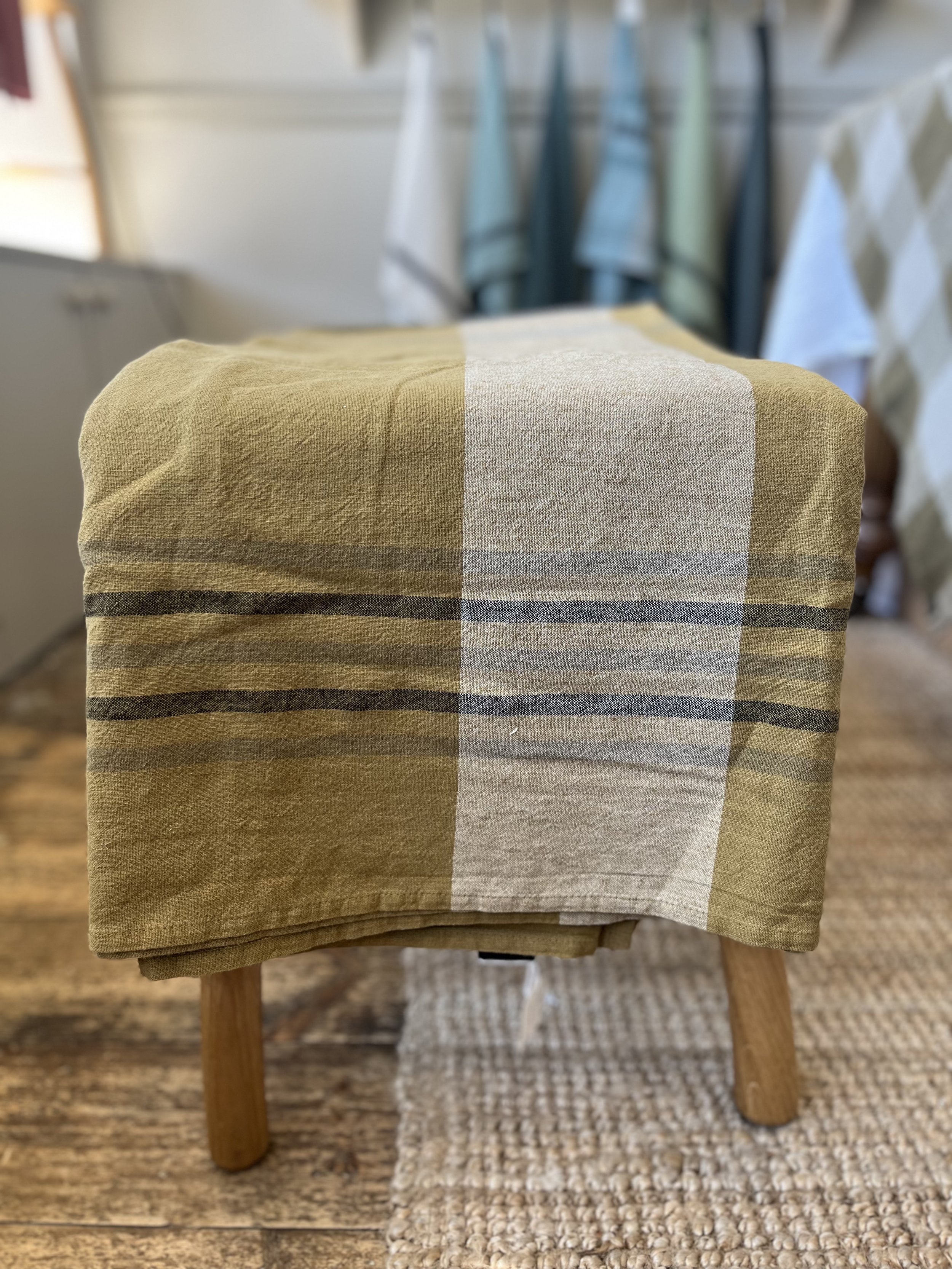 French Linen tablecloth table cloth colour check picnic lunch dinner party alfresco eating drinking fun times mustard yellow gold brown