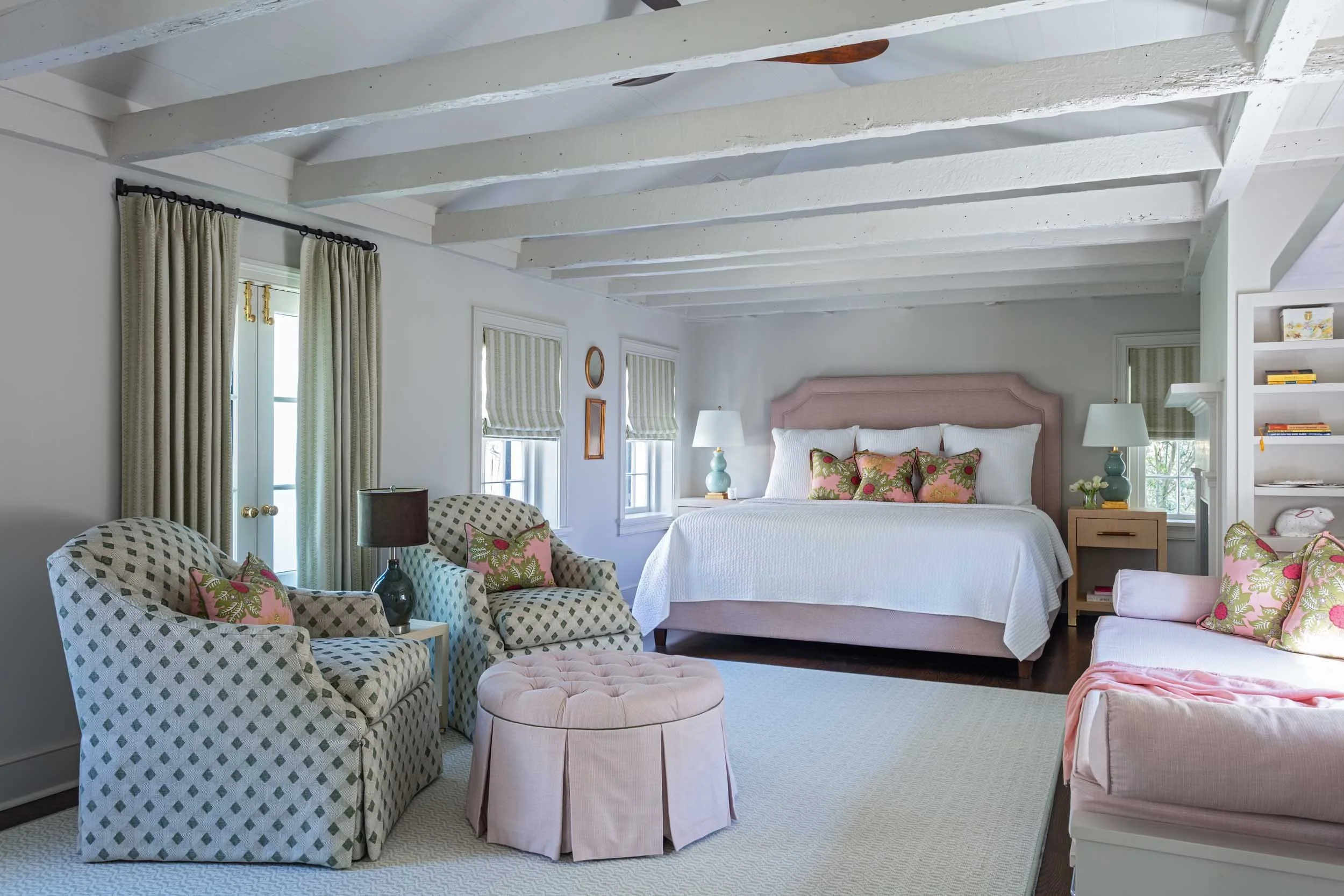 bedroom-custom-upholstered-headboard-custom-linen-shades-daybed-rug-mosaic-pattern-exposed-beams-open-to-ceiling.jpg
