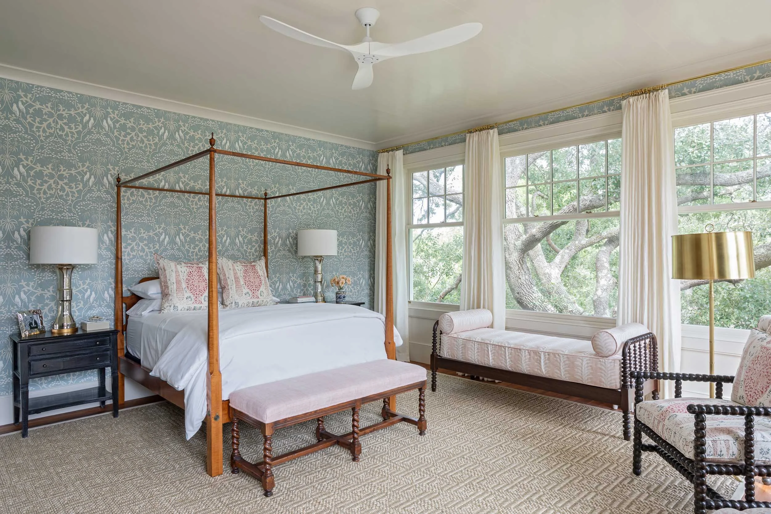 master-bedroom-with-antique-poster-bed-fiberworks-sisal-rug-lewis-wood-floral-wallpaper.jpg