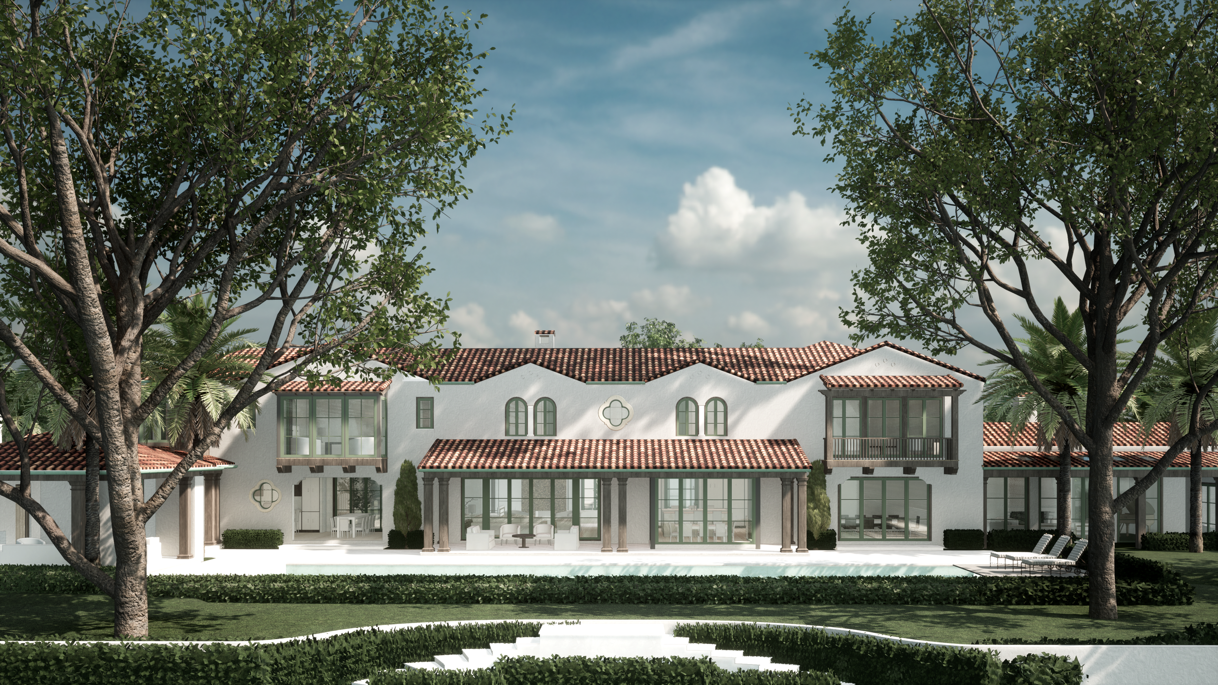 A large, white, two-story house with a red tile roof, surrounded by lush green trees and lawn, featuring modern glass windows and balconies, with a pool and lounge chairs in the backyard.