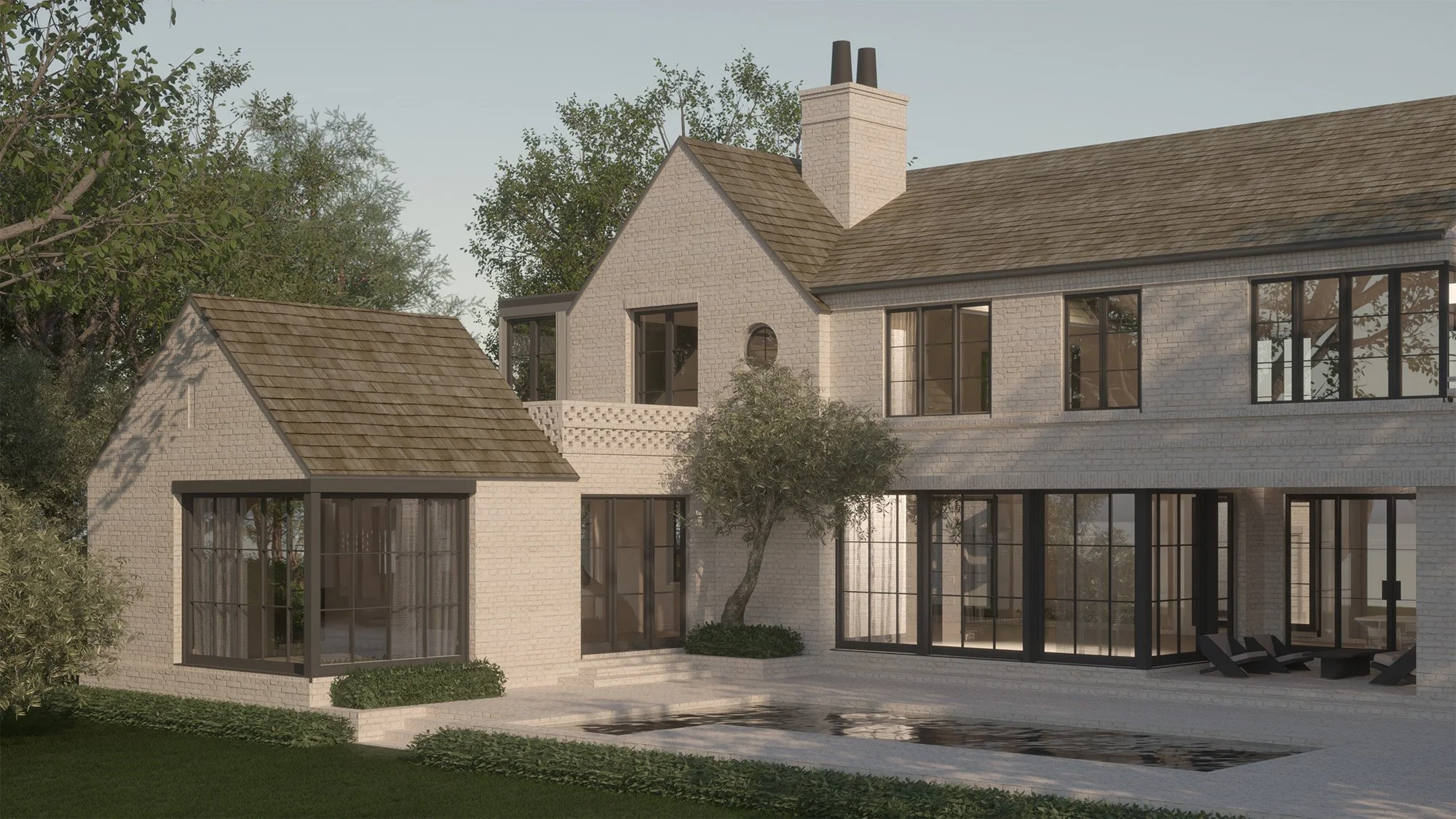 Modern two-story house with white brick walls, large windows, a small swimming pool, and outdoor seating area, surrounded by trees and greenery.