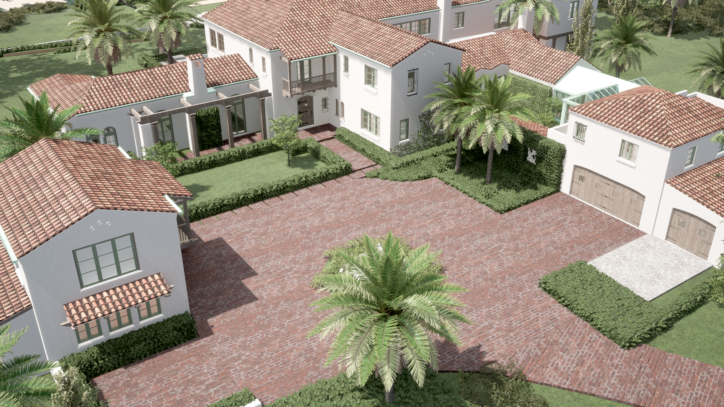 A Mediterranean-style residential property with red tile roofs, a brick driveway, lush green landscaping, palm trees, and white stucco walls.