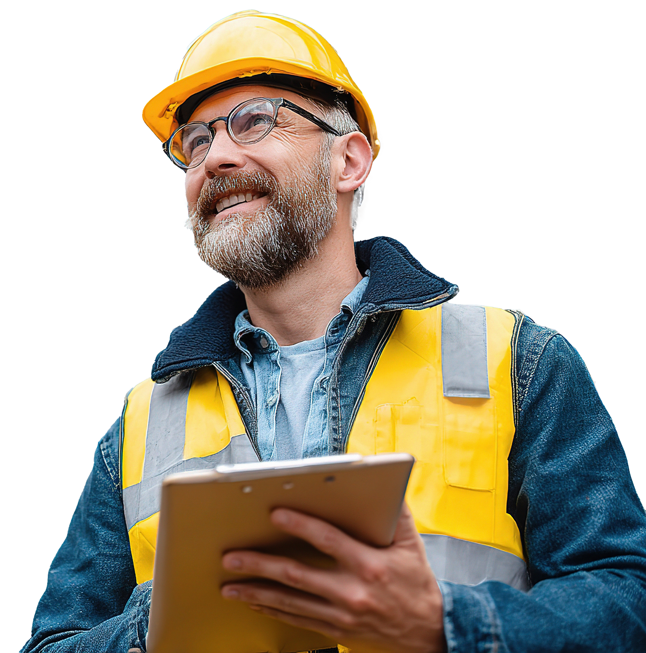 A smiling man wearing a yellow construction helmet and a yellow safety vest, holding a clipboard, standing outdoors.