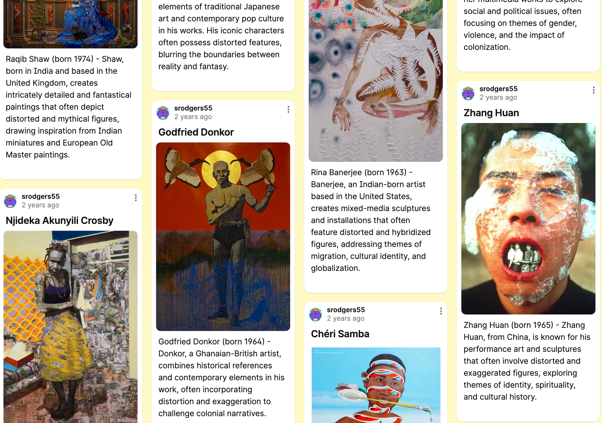 A collage of four different contemporary art pieces by various artists. The first features a woman dressed in traditional Indian clothing with a black cat, sitting on a decorative carpet. The second is a painting of a male figure with birds and a sun in the background. The third shows a mixed-media sculpture of a distorted face with cultural themes. The fourth depicts a woman with a vivid, textured face mask and exaggerated facial expression.