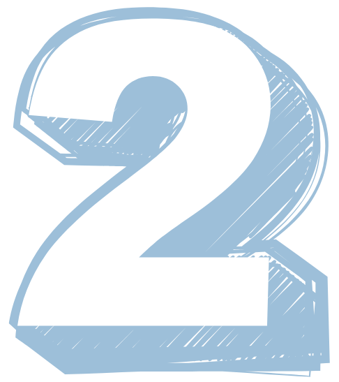 Large white number two with black outline on a blue background.