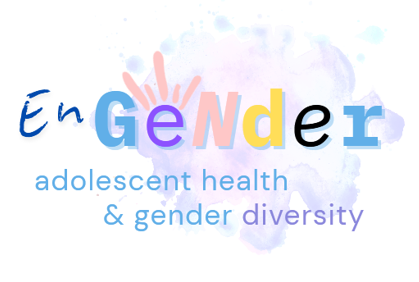 The word 'EnGender' with each letter in a different color, with a pink handprint behind the 'G', and the text 'adolescent health & gender diversity' below.