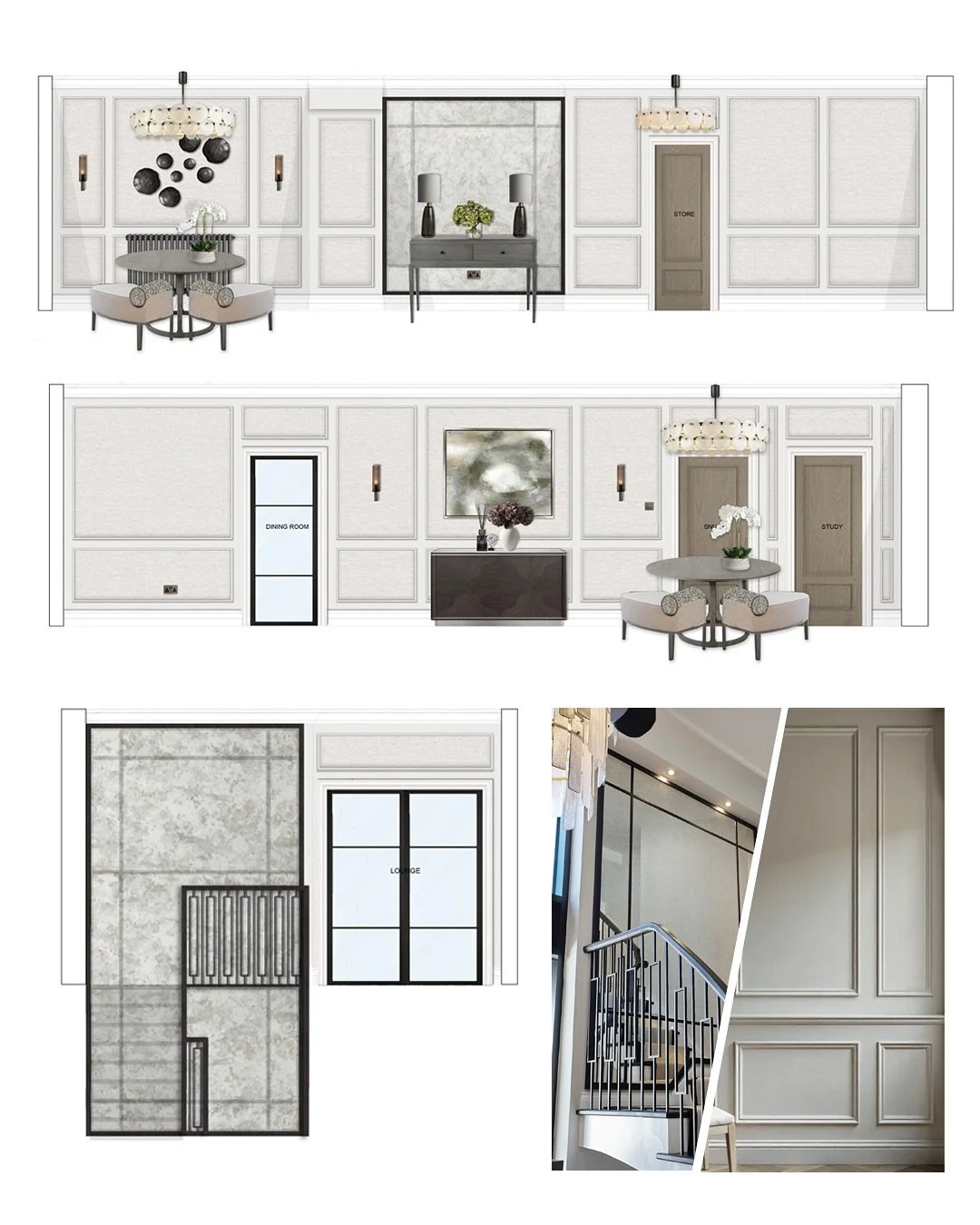 Our designs for River Birch transform the space into a traditional-contemporary retreat, featuring extensive bespoke panelling throughout. 
Each wall was carefully surveyed and drawn up to perfectly align with switches, sockets, radiators, artwork an