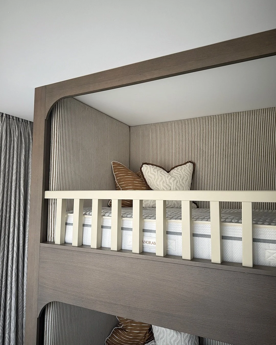 This week we were on site for the first installation phase of the Nursery at our Basalm Fir project - and it&rsquo;s already turning into the sweetest little room! 🤍

The bespoke bunk bed features a playful striped fabric that pairs perfectly with t