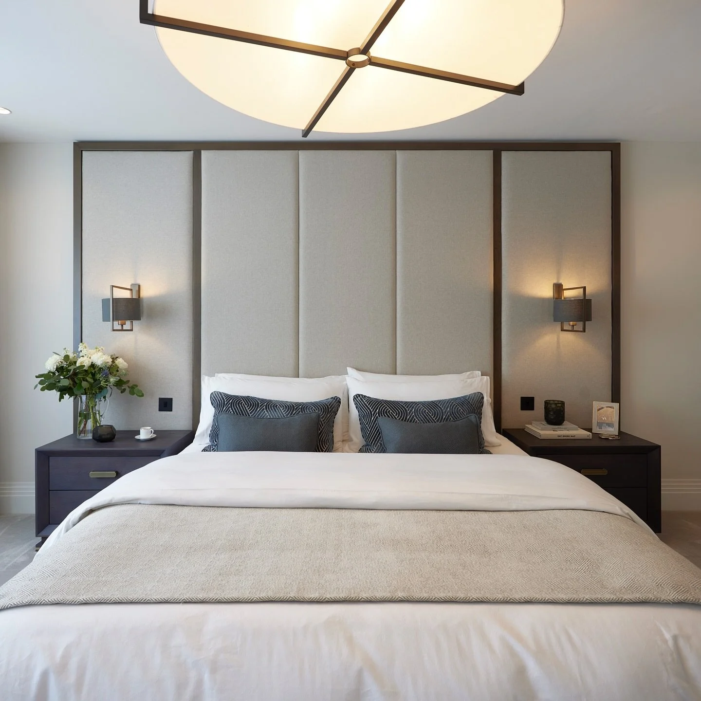 The Master Bedroom at The Beeches is a calm and tranquil retreat, where traditional elements are given a contemporary update.
A soft grey base is warmed with teal blue accents, perfectly complementing the antique brass detailing to the lighting.

For