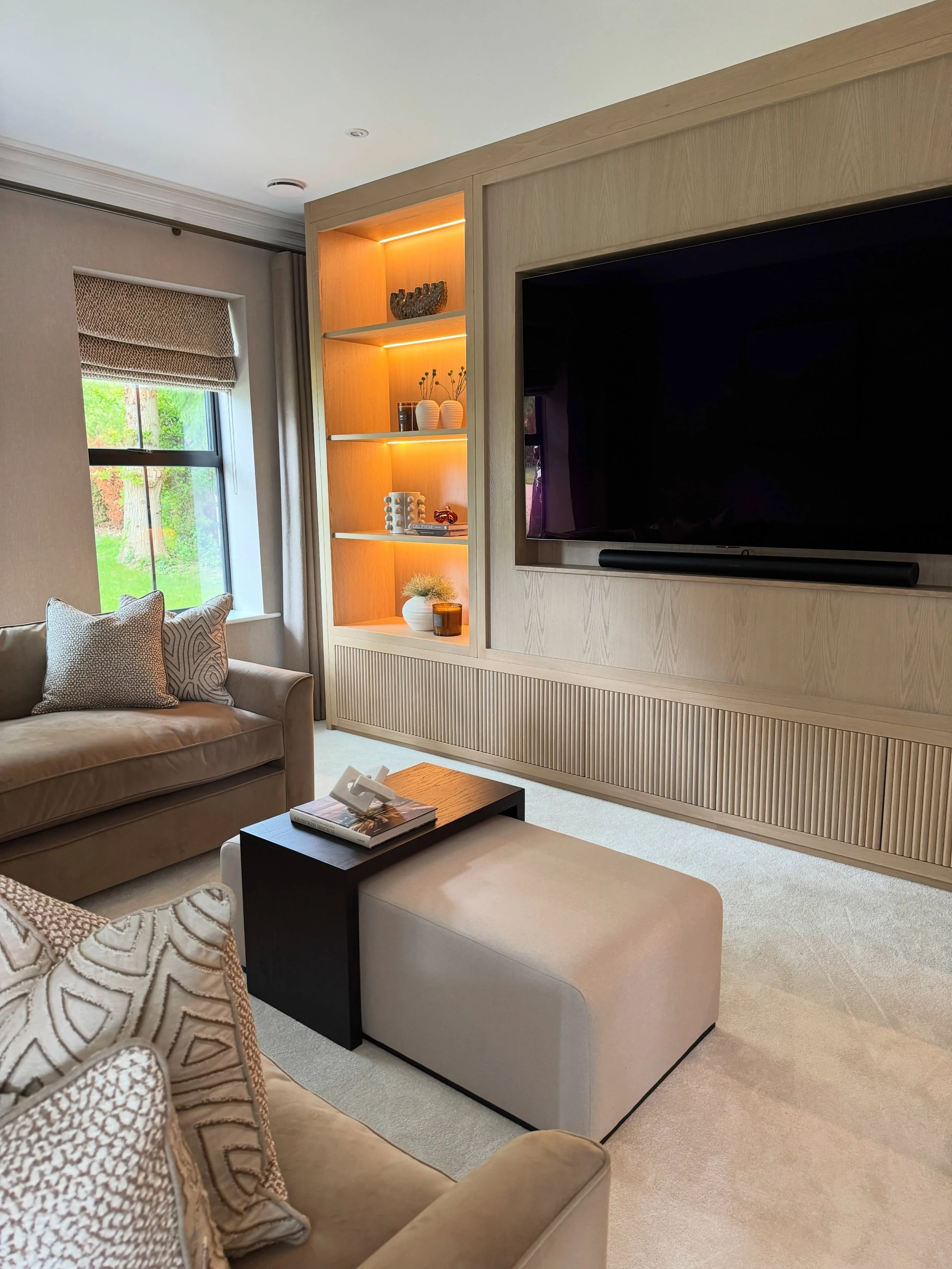 Further iPhone snapshots from Blossom Bay following the Snug cabinetry installation ✨

A beautiful light stained oak media wall created the focal point of the space, complete with reeded base drawers and soft LED lighting. Paired with darker upholste