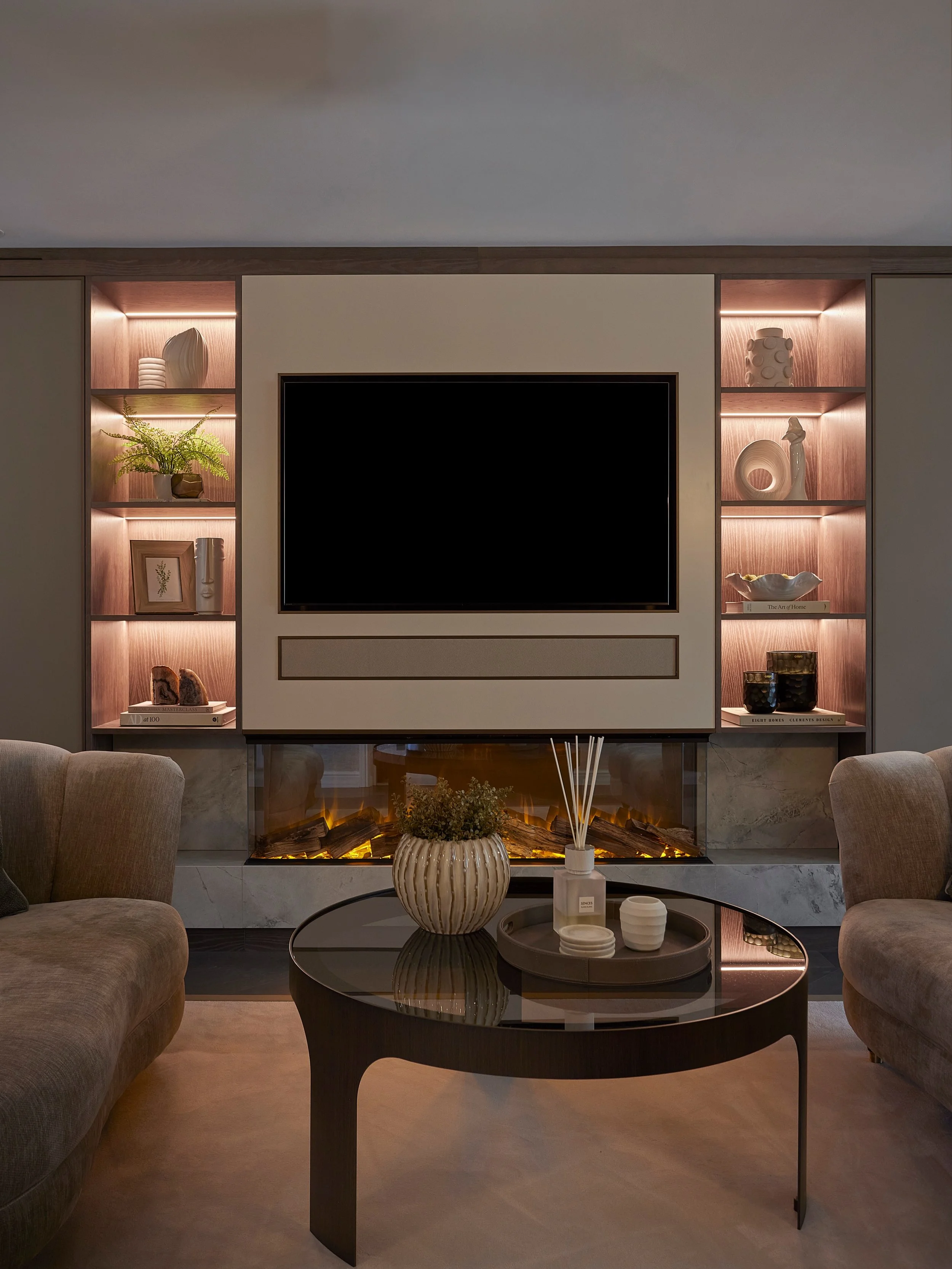 The Master Lounge at Hawthorn House welcomed you into the Master Suite - a serene retreat designed for slow morning and quiet moments of calm.

A bespoke media wall provides elegant concealed storage, while discreetly housing a hidden breakfast stati