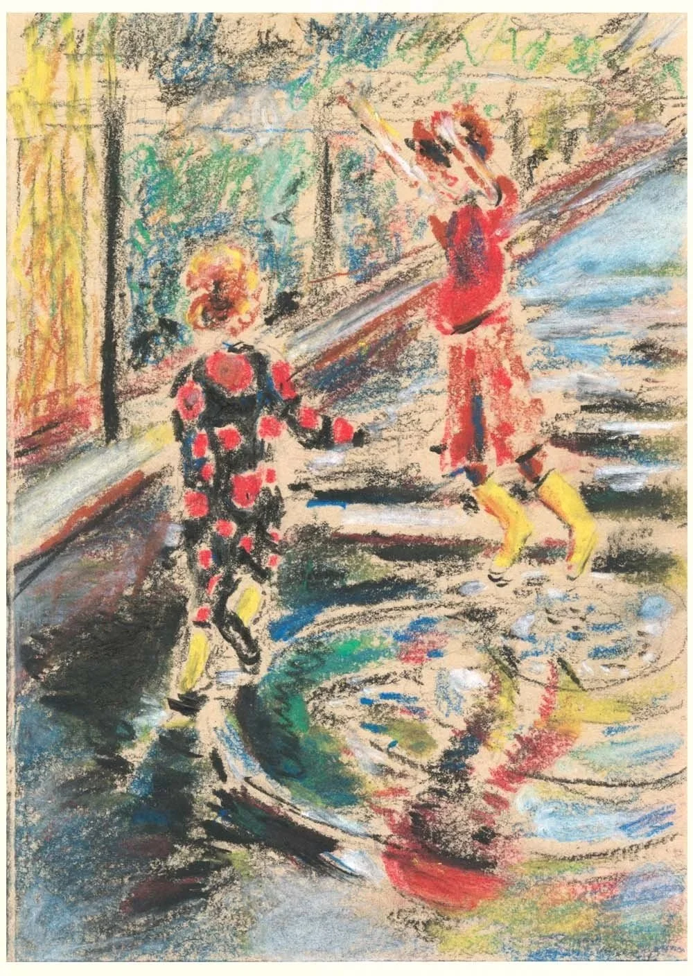 Autumn splash - pastel illustration of two children jumping in the rain wearing yellow boots.