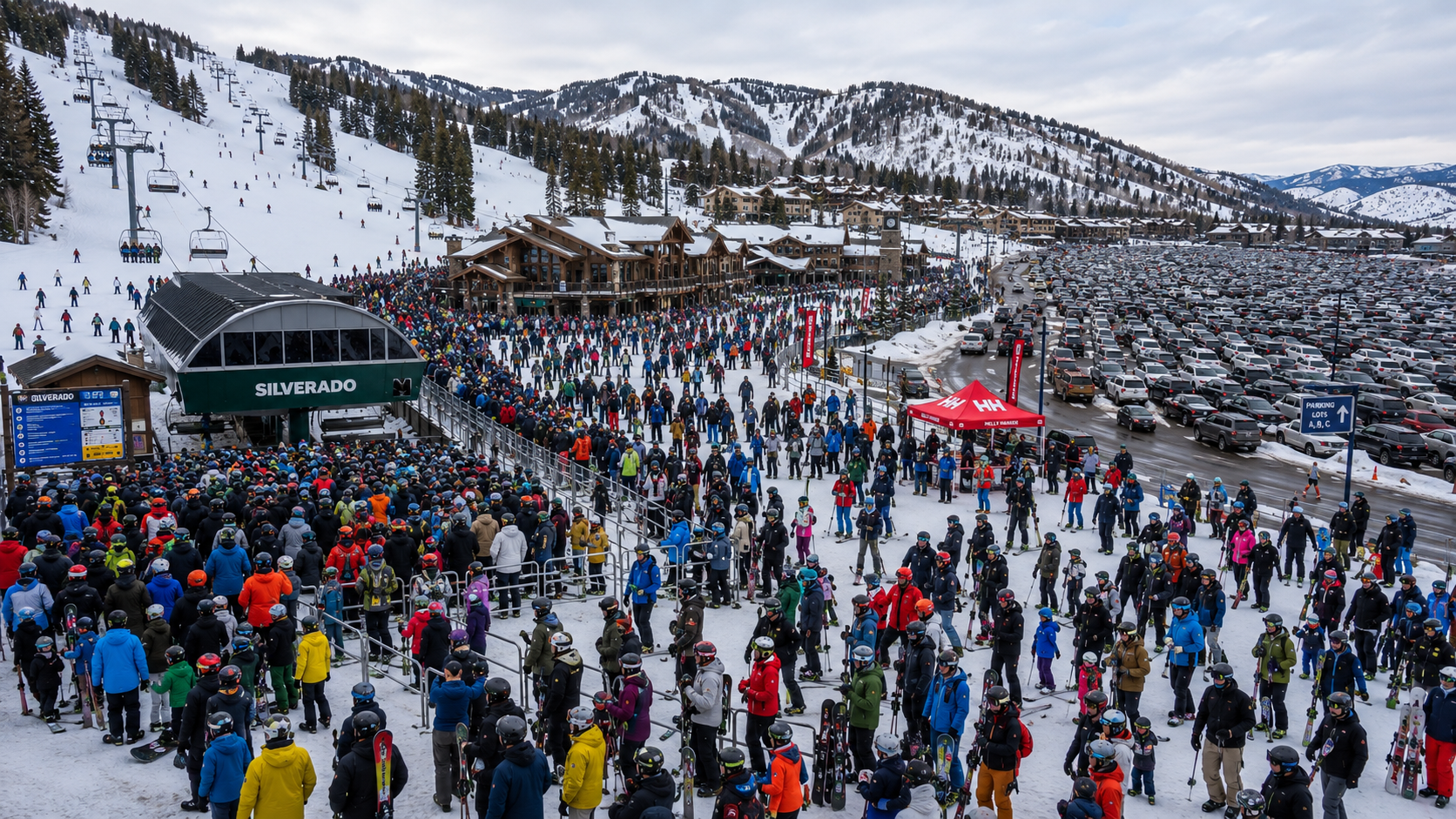 A panoramic view of a packed ski resort base area with long lift lines, crowded skiers and snowboarders in colorful winter gear, snowy mountain slopes, and a massive full parking lot under an overcast sky.