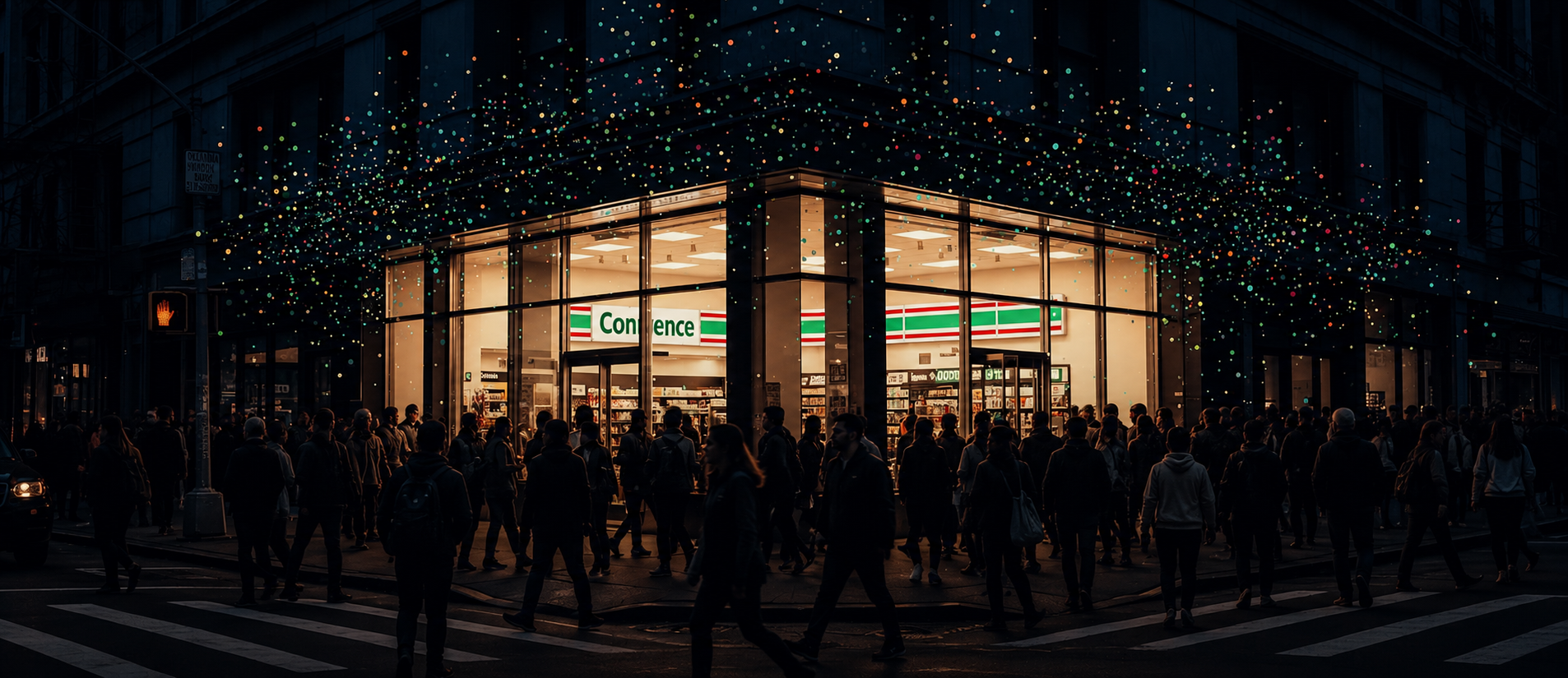 A crowded nighttime city intersection outside a brightly lit convenience store, with large groups of pedestrians walking and gathering beneath colorful glowing digital lights suspended overhead.