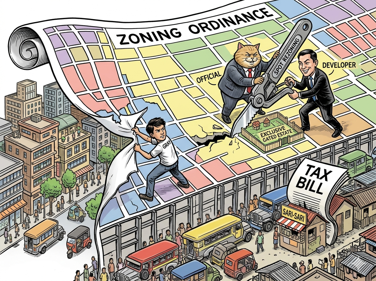 Zoning map with images of enclosed gentrified enclaves versus informal settlements