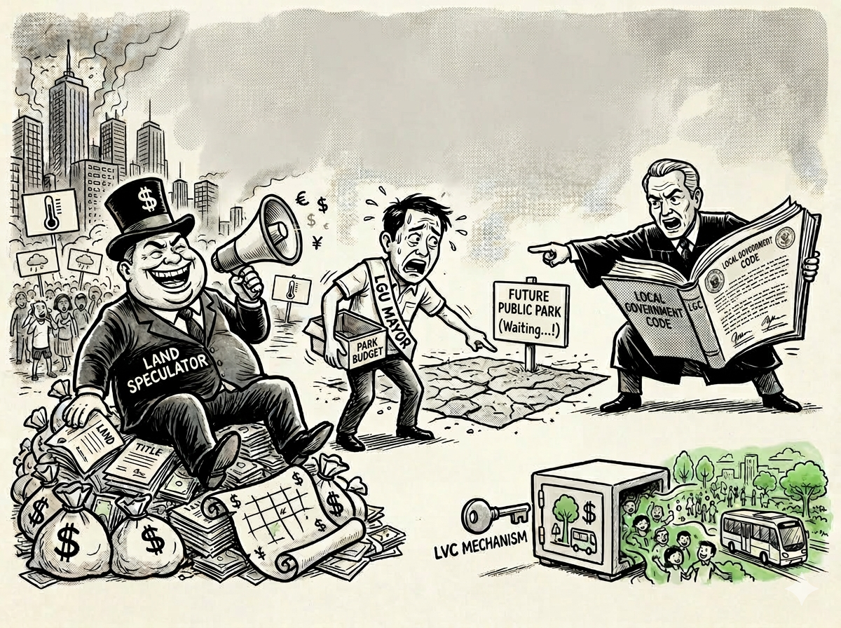 Caricature of three men depicting the land hoarders, the citizens, and the rule of law.