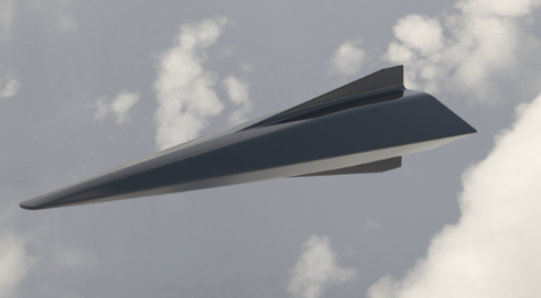 A sleek, modern jet airplane flying in the sky with clouds in the background.