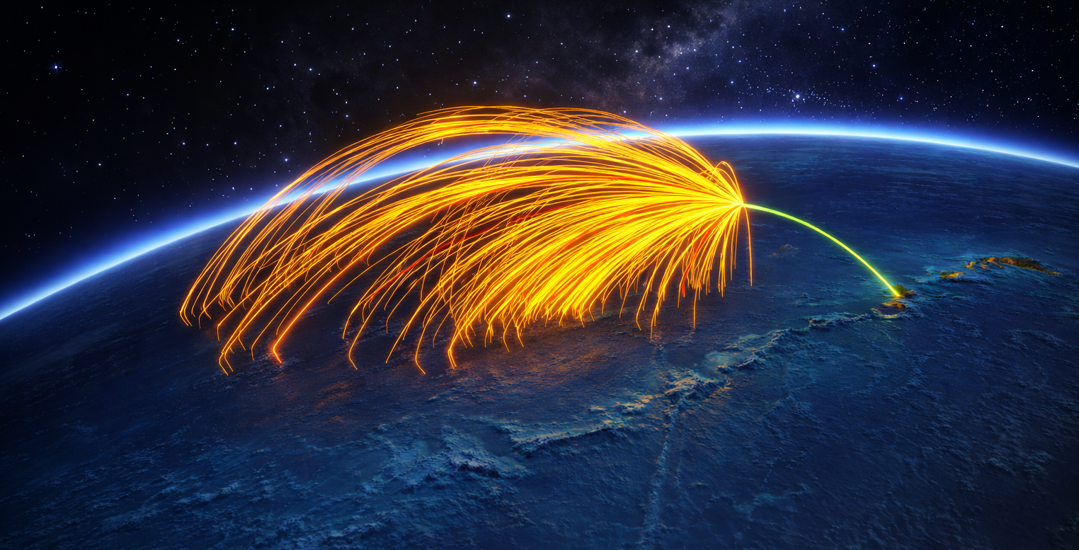 Illustration of electric data transfer between Earth and space with glowing orange lines connecting a satellite or space station to the Earth's surface.