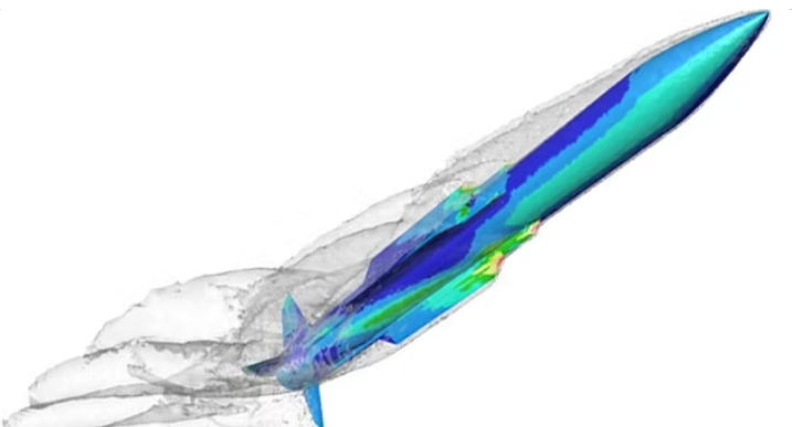 Image shows a computer simulation of a submarine underwater, with color-coded pressure or stress distribution indicated by different colors.