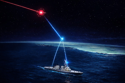 A spaceship in space firing laser beams at a red laser in Earth's orbit.