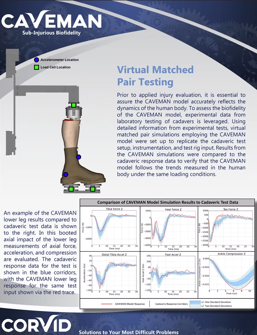 Poster titled 'CAVEMAN Sub-Injurious Biofidelity' explaining virtual matched pair testing for injury assessment. Contains diagrams of a lower leg tested on a robot with colored markers indicating accelerometer and load cell locations. Includes graphs