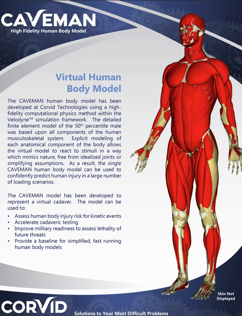 A detailed illustration of a human body model with muscles and bones highlighted, titled 'Virtual Human Body Model' from Caveman, showing anatomy for medical and military applications, with descriptive text on its purpose and use.