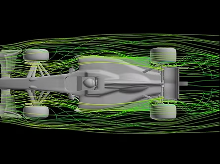 Top view of a Formula 1 race car with airflow visualizations in green showing the airflow patterns around the car.