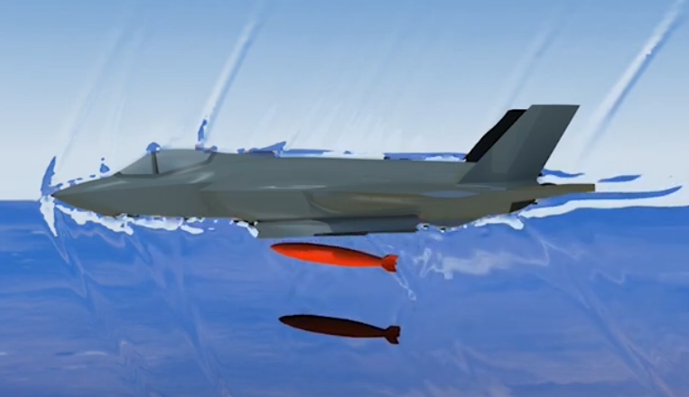 An illustration of a military jet flying over the ocean with a small red submarine beneath it.