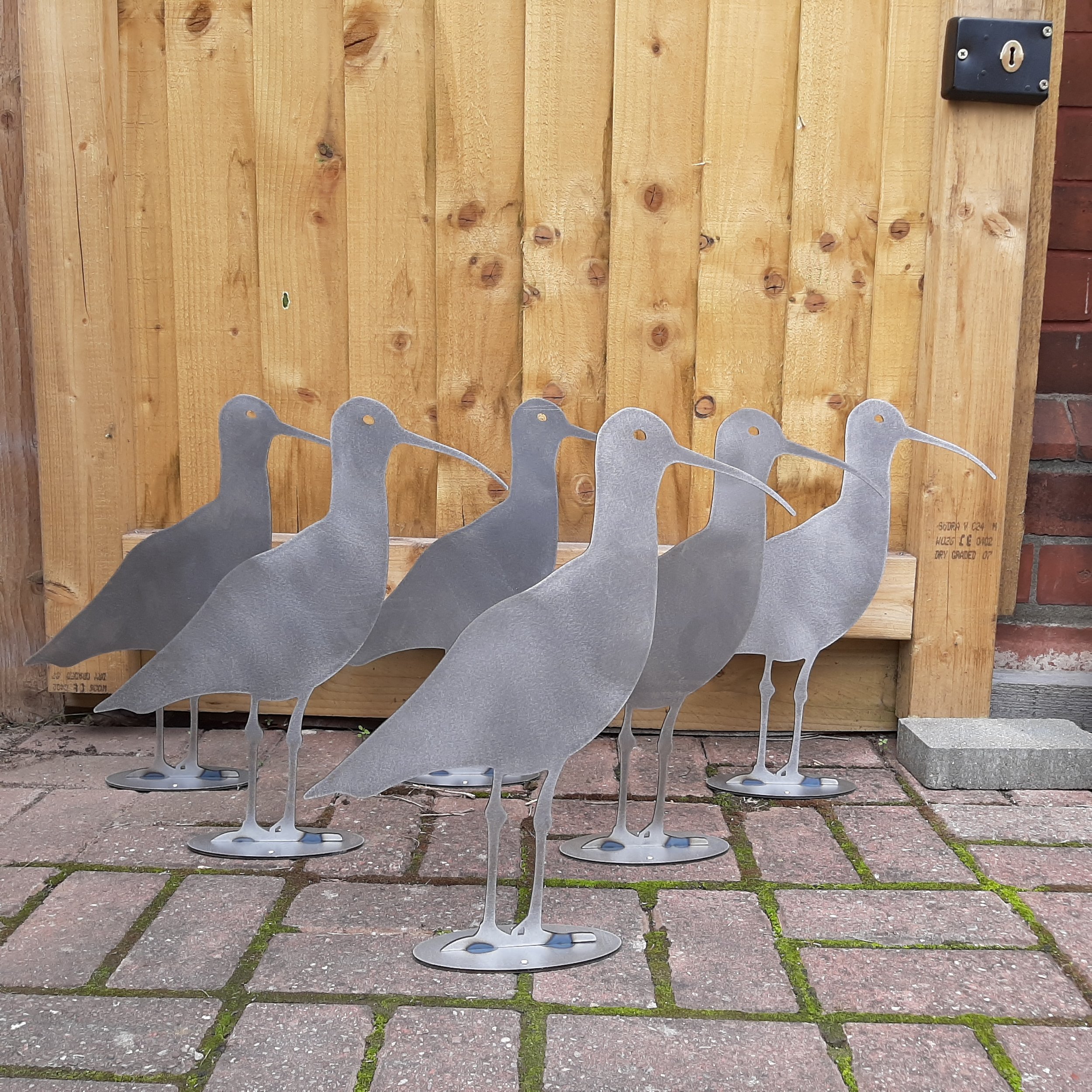 Five metal Curlew bird sculptures, positioned outdoors on brick pavement in front of a wooden fence.