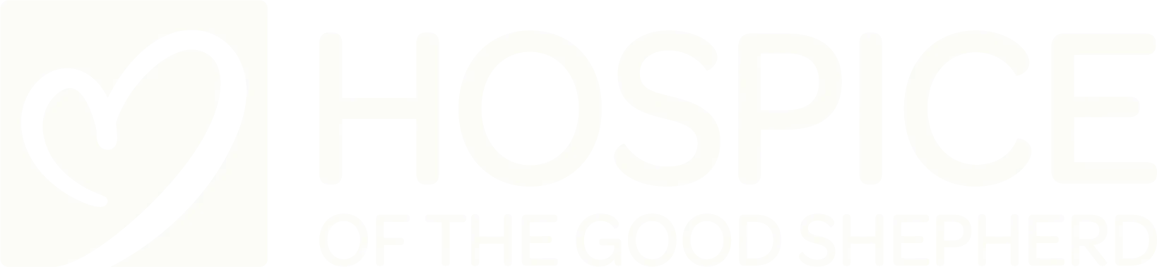 Logo with a heart and the words "HOSPICE OF THE GOOD SHEPHERD".