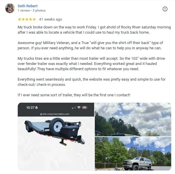 Screenshot of a website showing a black utility trailer with a spare tire, a photo of a wooded area with clouds, and a photo of a gray pickup truck parked outdoors.