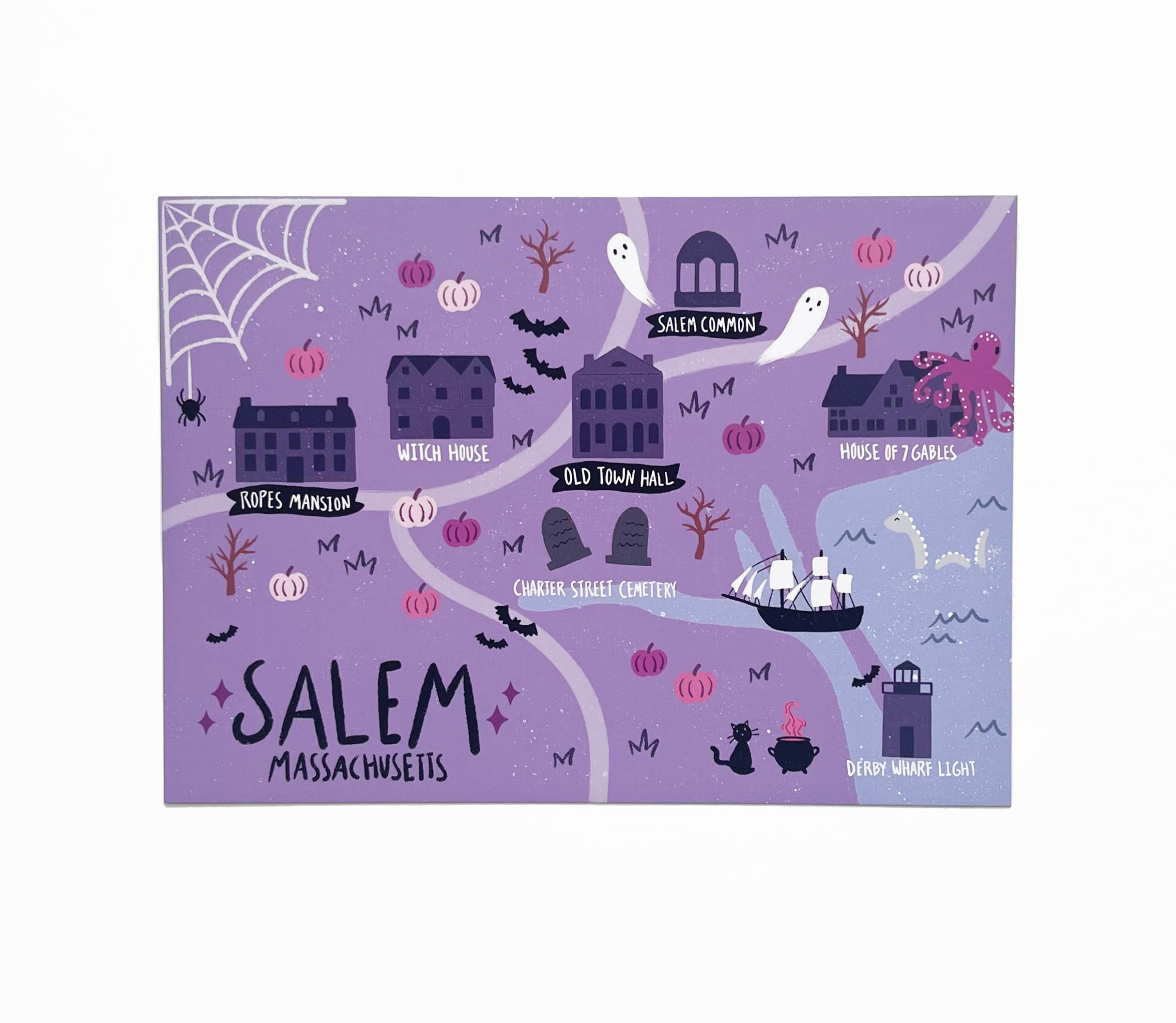 Purple map of Salem with historic buildings