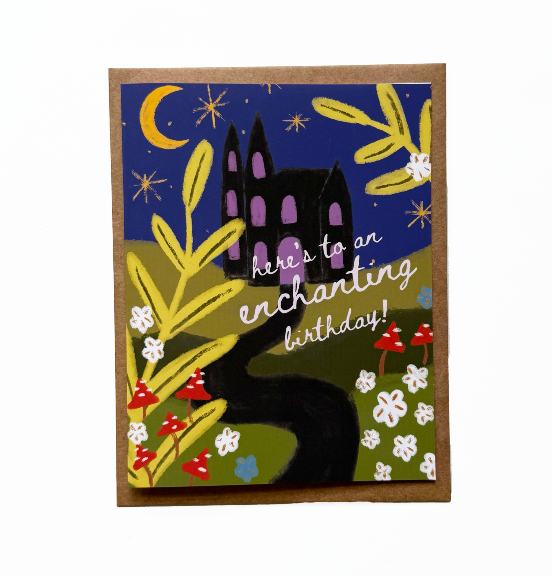 black castle on a hill at night with mushrooms and flowers