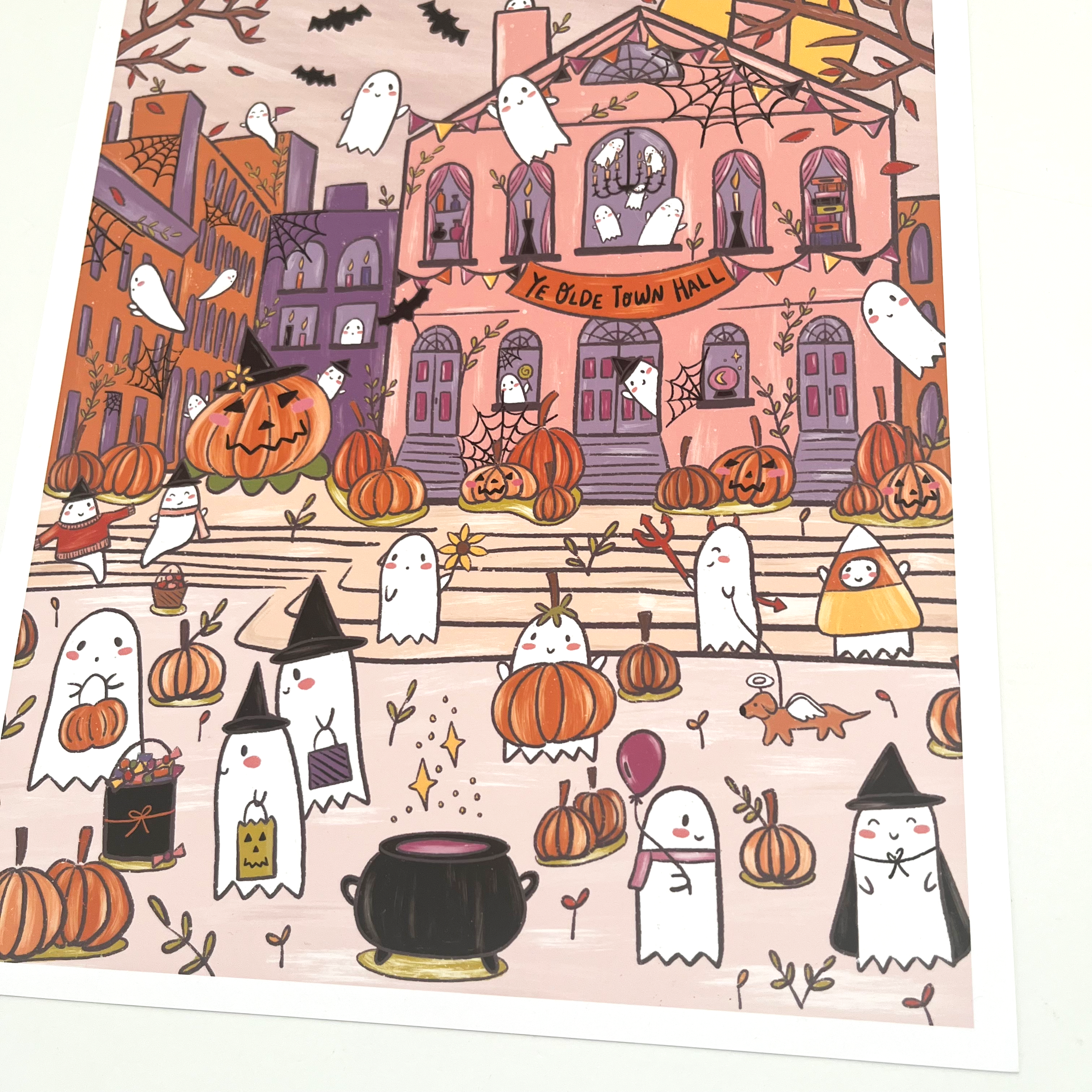 salem town hall print with lots of ghosts in the Halloween spirit