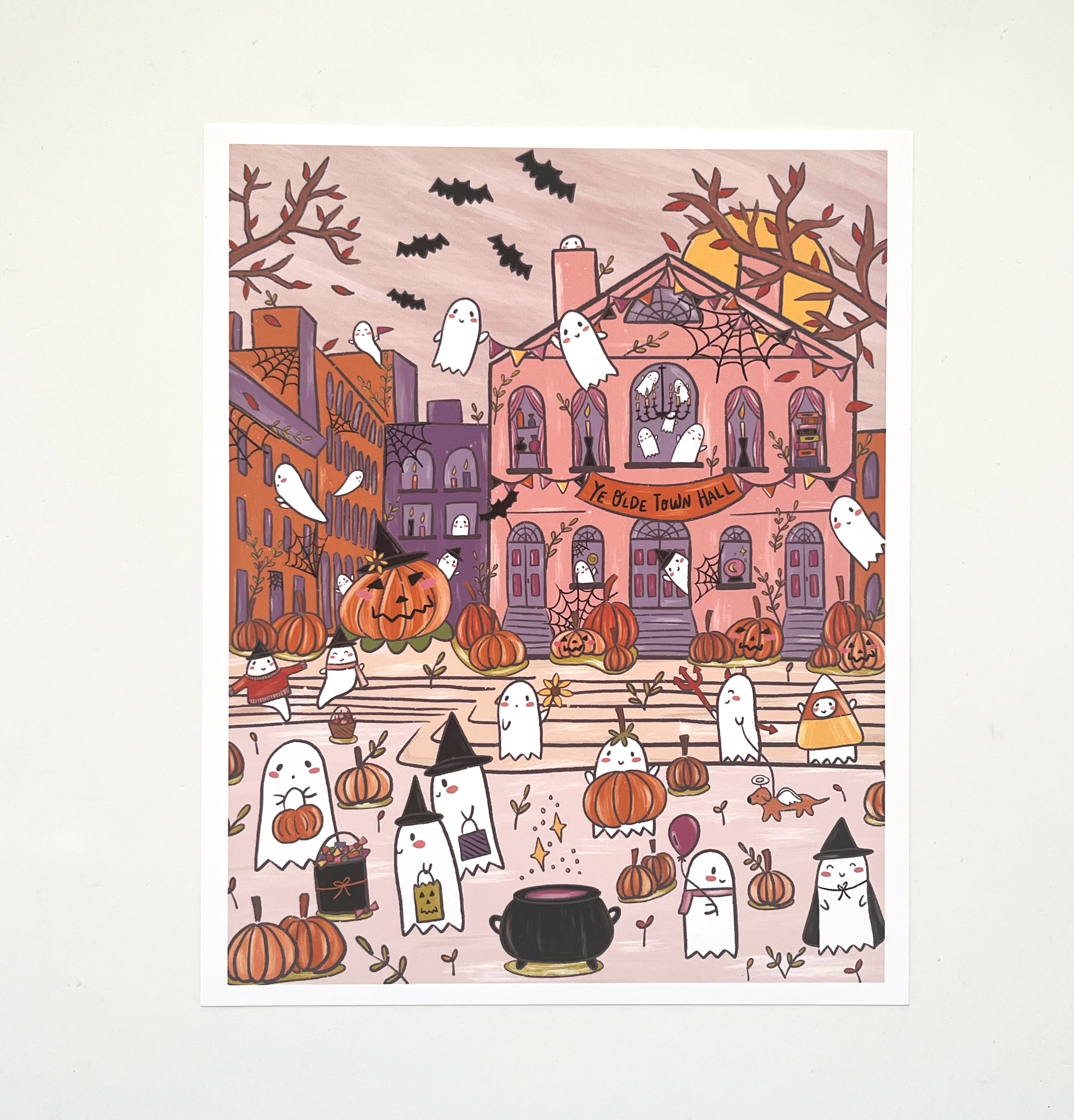salem town hall print with lots of ghosts in the Halloween spirit