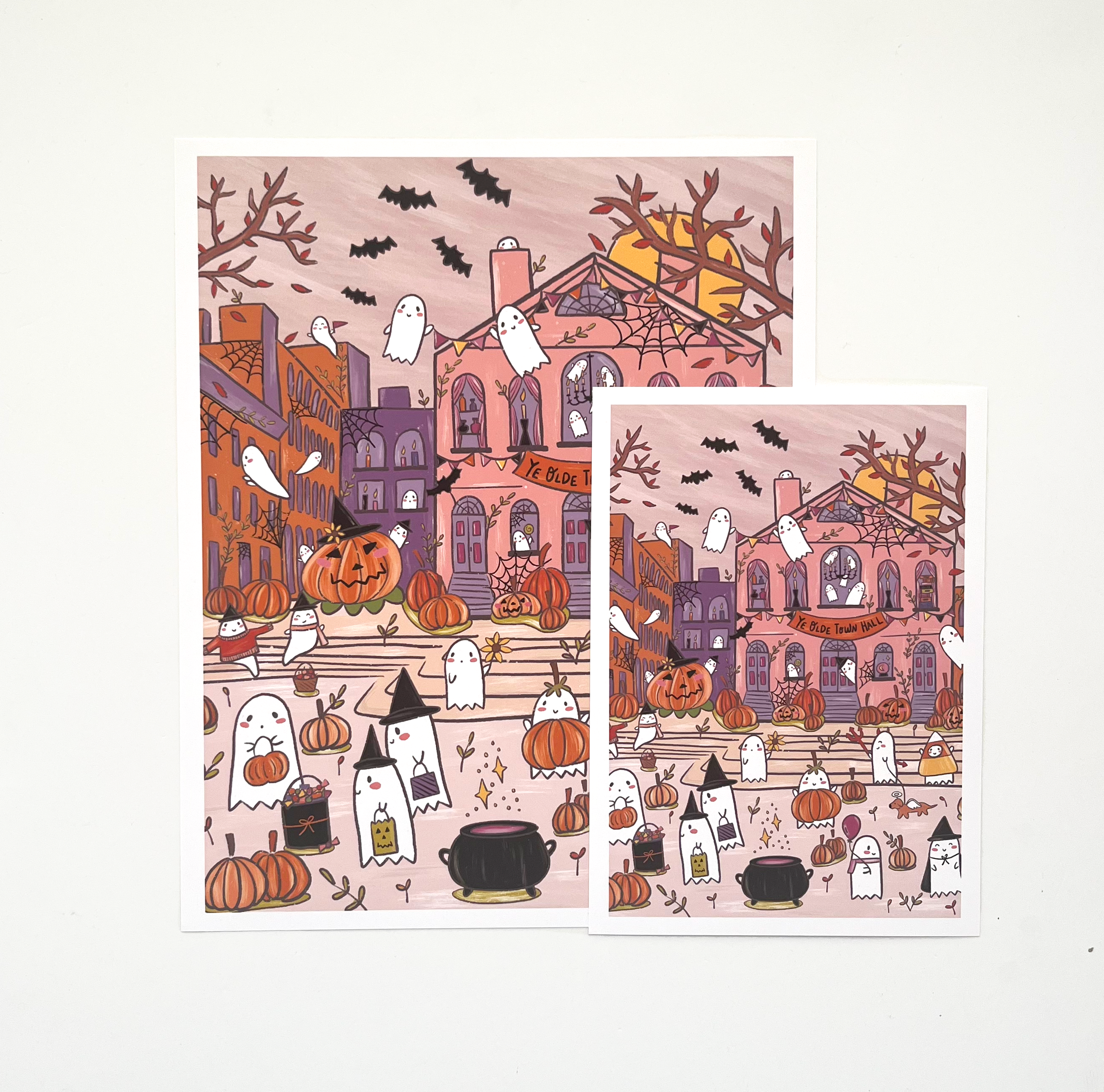 salem town hall print with lots of ghosts in the Halloween spirit